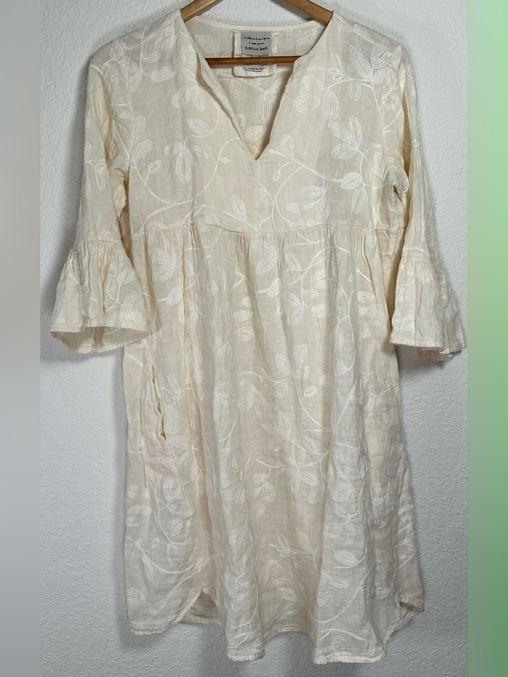 Light Cream Embroidered Linen V-Neck Dress
